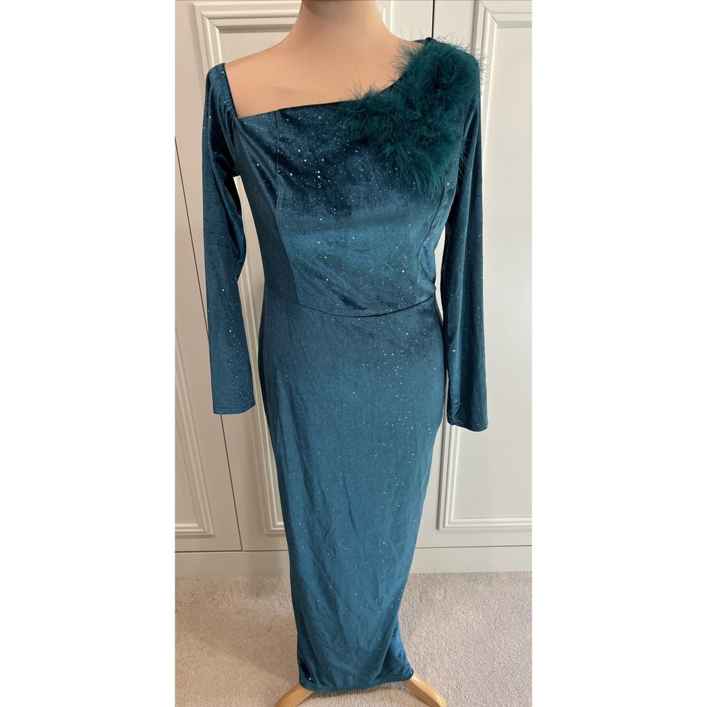 Aomei Teal Velvet Sparkle Maxi Dress Stretch Old Hollywood Glamour Opera Theater